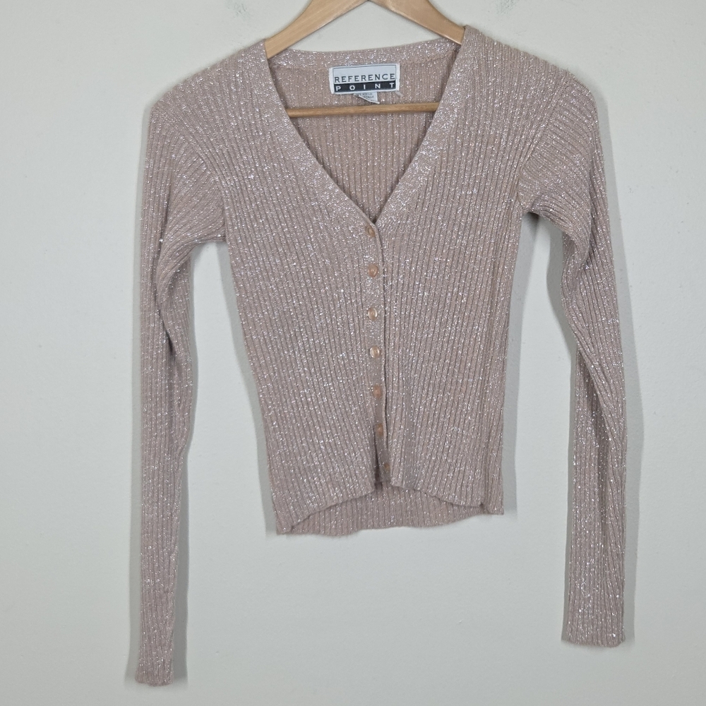 Vtg 90s Y2K Pastel Pink Silver Metallic Sparkle Button Up Ribbed Sweater Small